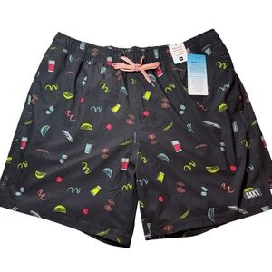 NWT Saxx Oh Buoy Black Swim Trunks with Neon Cocktail Accents XL